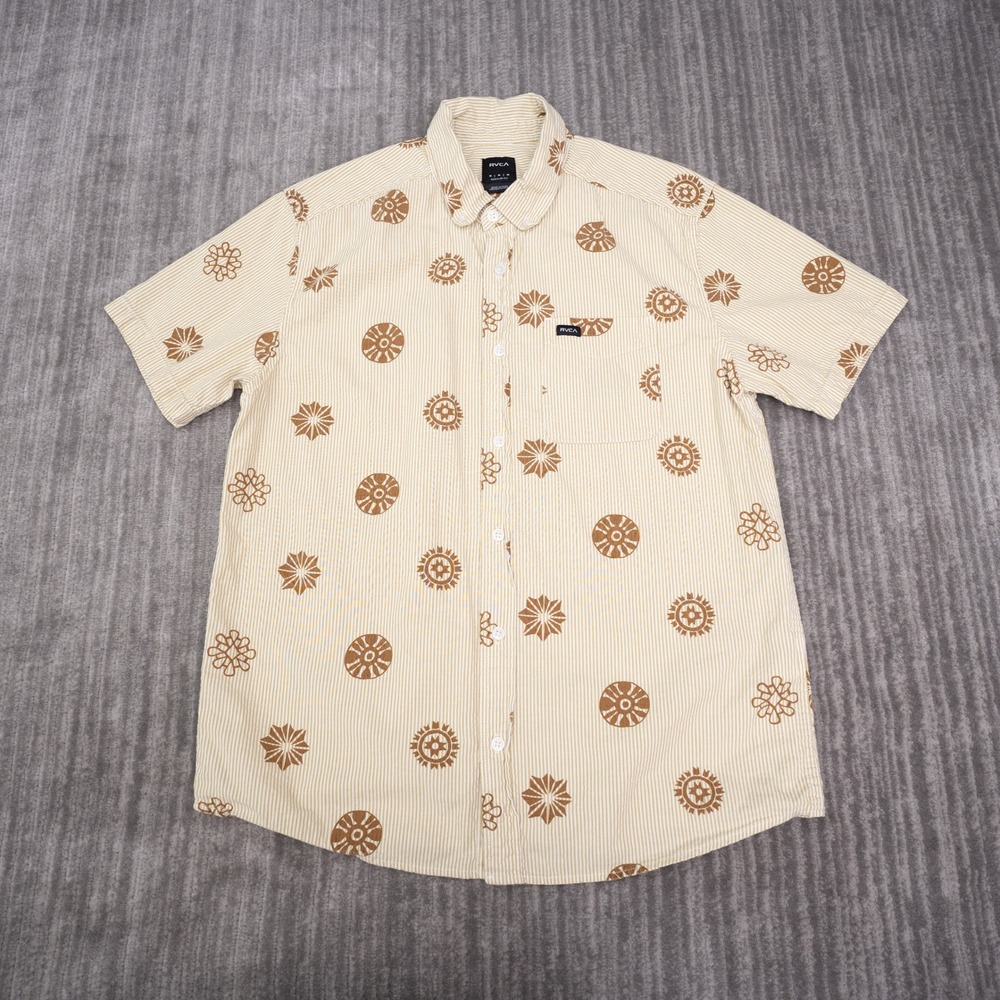 RVCA Button Up Shirt Mens Medium Tan Striped Medallion Good Short Sleeve